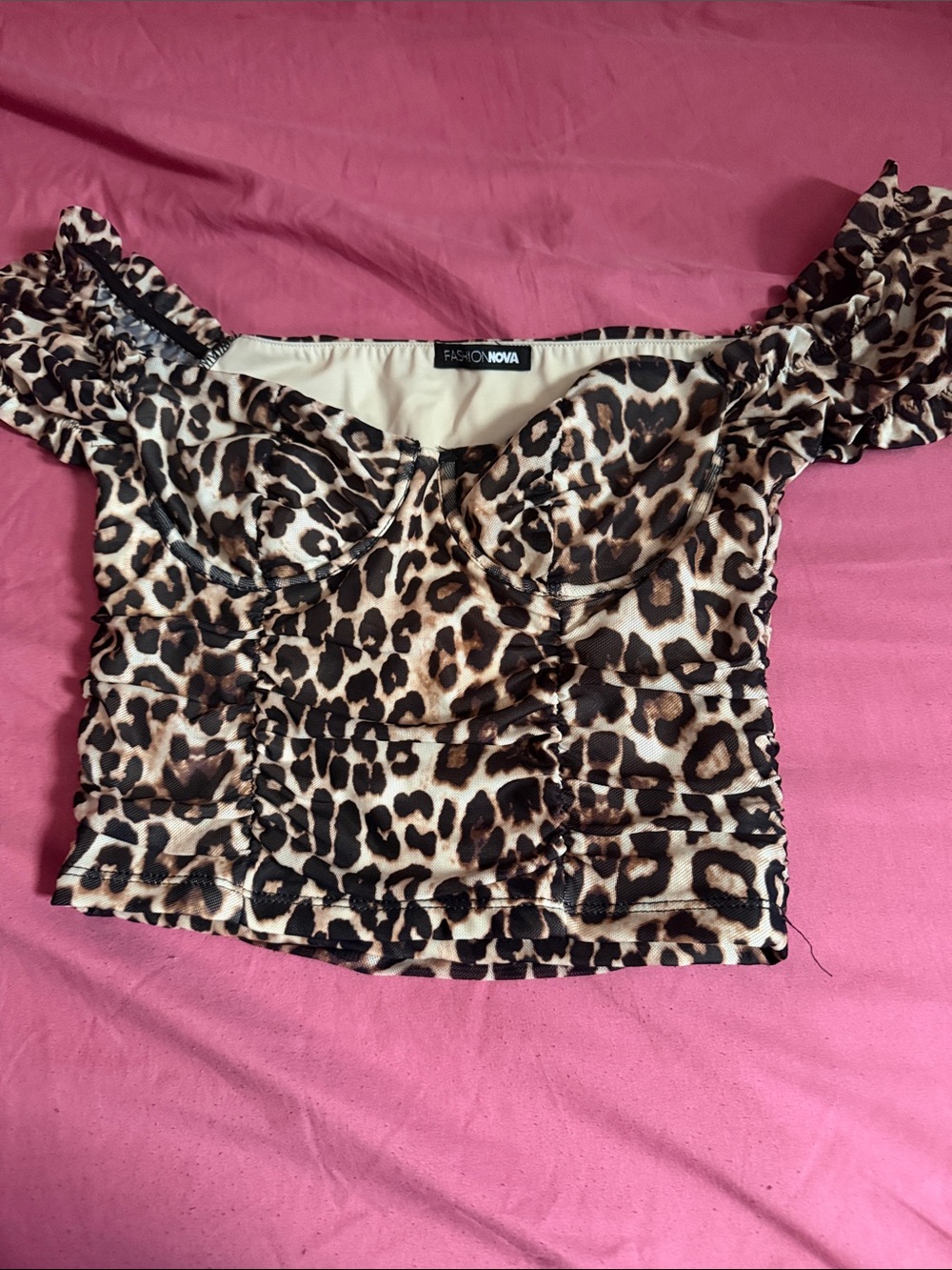 Fashion Nova Leopard Print Off-Shoulder Crop Top - Brown & Cream